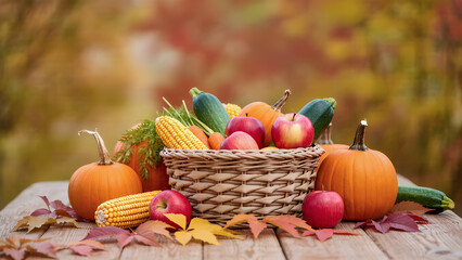 秋の収穫バスケットとかぼちゃと果物