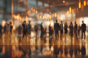 Blurred businesspeople in a modern conference hall, overlaid with financial charts