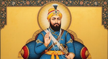 A regal depiction of Guru Gobind Singh, a revered figure in Sikhism, radiating grace and spiritual guidance. The portrait showcases his majestic attire and serene expression.