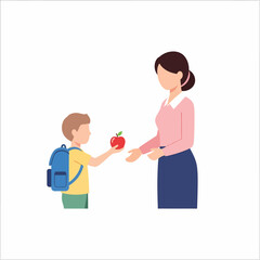 A young student with a blue backpack giving a shiny red apple to his female teacher as a gesture of appreciation.