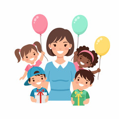 Happy Children and Teacher Celebrating with Colorful Balloons and Gifts.