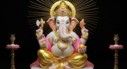 Fototapeta premium Serene Ganesha, the Remover of Obstacles, Sitting in Meditation with Radiant Aura and Flanking Oil Lamps, Evoking Peace and Divine Blessing