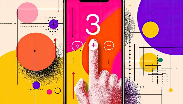 A hand touching a smartphone screen displaying the number 3, surrounded by colorful shapes and graphic elements - Powered by Adobe