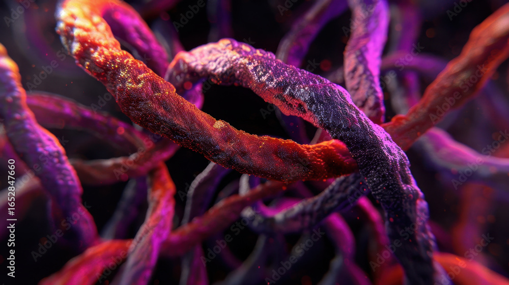 Poster intricate strands of colorful fibers intertwine mesmerizing display, showcasing blend of vibrant hue
