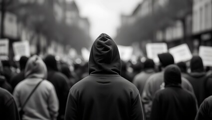 Person in a Hoodie Leading a Black and White Protest or Political Rally

