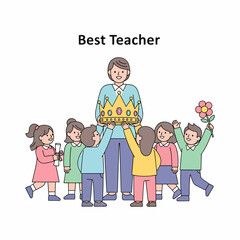 Happy Teacher Receiving a Golden Crown from Grateful Students.