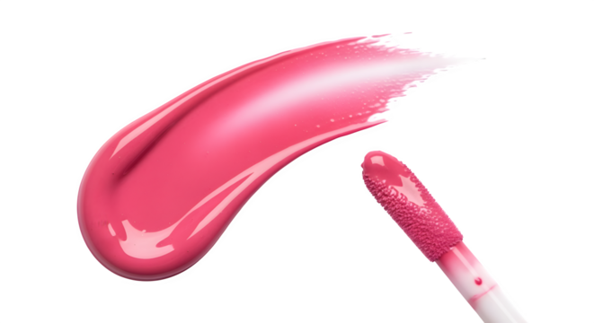 Smudged lip gloss in rose pink with applicator wand, isolated on white background