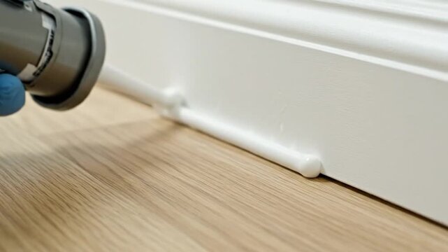 Professional Hand in Blue Glove Precisely Applying White Caulk Along a Baseboard During Home Renovation