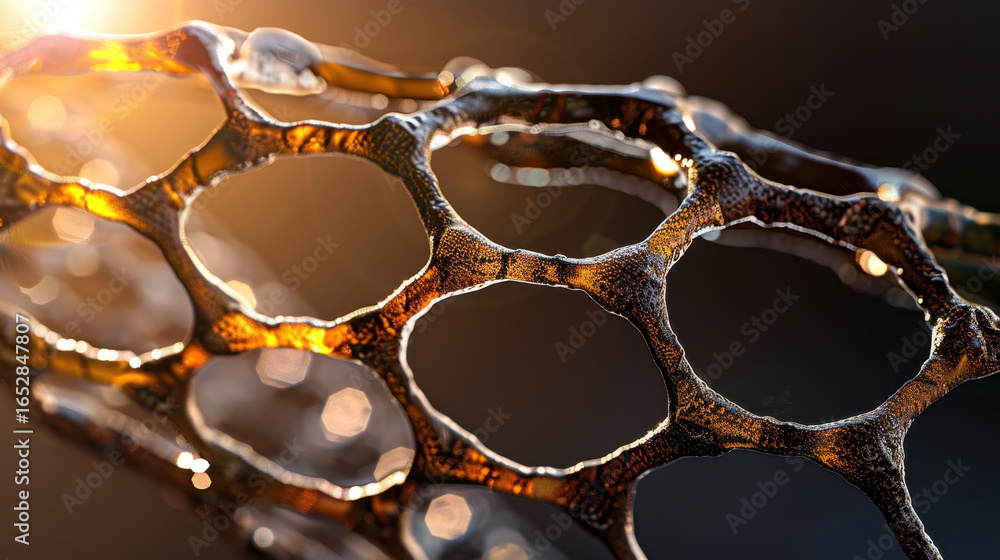 Poster intricate structure of honeycomb with warm glow, showcasing beauty of nature design. delicate patter