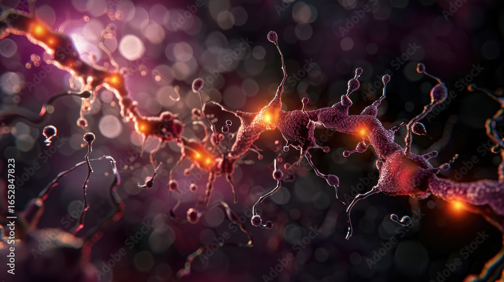 Poster close up view of neuron showcasing intricate structures and glowing synapses, representing complexit