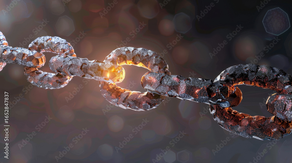 Poster close up view of metallic chain with textured surface, showcasing links that appear rugged and worn.