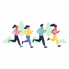 Diverse group of four people in colorful athletic wear jogging together flat vector illustration.
