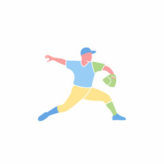 Minimalist flat vector illustration of a baseball pitcher throwing rendered in soft pastel colors.