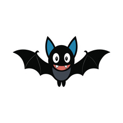 Cartoon Bat with Blue Ears and Open Wings on a White Background for Halloween Designs and Illustrations