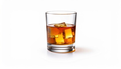 Elegant Glass of Whiskey on a Wooden Surface with Ice Cubes Creating a Rich and Inviting Atmosphere