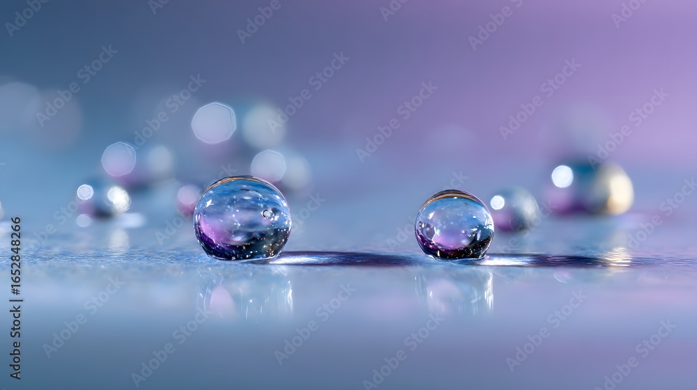 Poster a captivating close-up showcasing two translucent spheres, reflecting a spectrum of soft blues and p