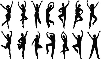 Silhouettes of dancers in various poses, expressing grace, movement, and energy through modern dance, performance art, and choreography motion