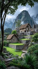 Virtual traveling exeperience vertical background.Ancient ruins nestled in lush greenery with a towering mountain backdrop.