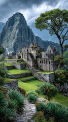 Virtual traveling exeperience vertical background.Ancient ruins with lush greenery set against a dramatic mountain backdrop.