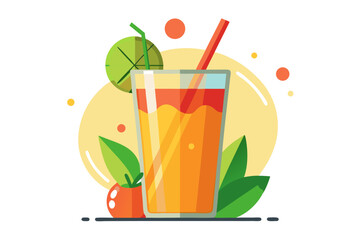 Download this vibrant and refreshing orange juice vector illustration featuring a tall glass filled with bright orange juice and garnished with a lemon slice. 