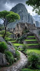 Virtual traveling exeperience vertical background.Ancient ruins nestled among lush greenery and towering mountains under a cloudy sky.