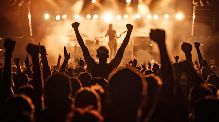 Vibrant concert scene captures enthusiastic crowd with raised arms, celebrating energy of live music. atmosphere is electric, filled with excitement and passion for performance