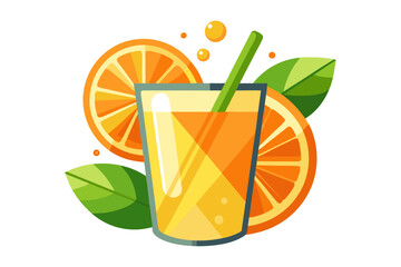 Download this vibrant and refreshing orange juice vector illustration featuring a tall glass filled with bright orange juice and garnished with a lemon slice. 