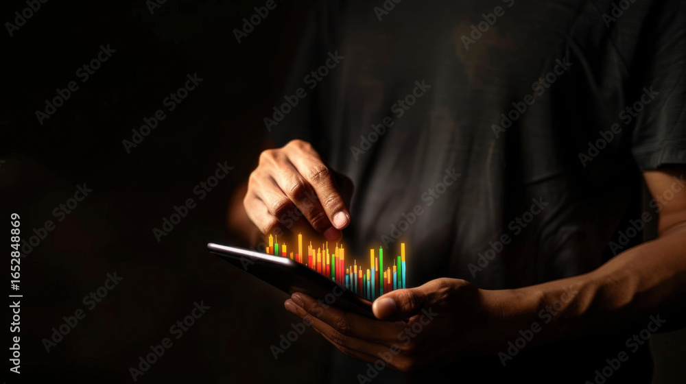 Poster person interacts with digital tablet, displaying colorful data visualizations. vibrant bars represen