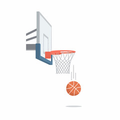 Flat-style illustration of an orange basketball entering a hoop with a net showcasing the balls descent and the nets texture. © Amir