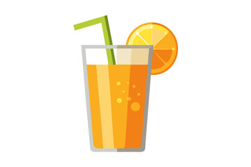 Download this vibrant and refreshing orange juice vector illustration featuring a tall glass filled with bright orange juice and garnished with a lemon slice. 
