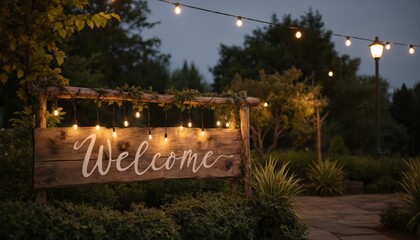 Obraz premium Rustic wooden welcome sign illuminated by warm fairy lights sets charming evening ambiance for wedding venue. Greenery entwines rustic frame, creating enchanting, inviting atmosphere for guests.