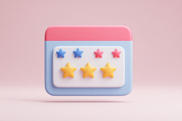 A colorful, 3D-rendered object featuring stars and a playful design against a soft pink background, suggesting a rating or review theme.