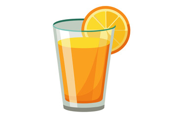 Download this vibrant and refreshing orange juice vector illustration featuring a tall glass filled with bright orange juice and garnished with a lemon slice. 
