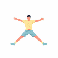 Energetic man in yellow t-shirt and blue shorts performing a jumping jack exercise flat illustration style.