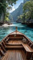 Virtual traveling exeperience vertical background.A tranquil boat view surrounded by lush greenery and mountains, reflecting serene waters.