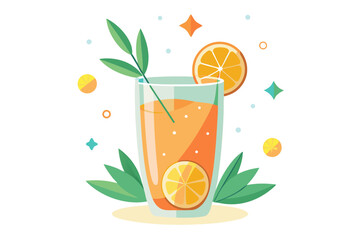 Download this vibrant and refreshing orange juice vector illustration featuring a tall glass filled with bright orange juice and garnished with a lemon slice. 