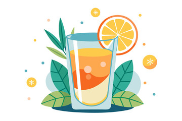 Download this vibrant and refreshing orange juice vector illustration featuring a tall glass filled with bright orange juice and garnished with a lemon slice. 