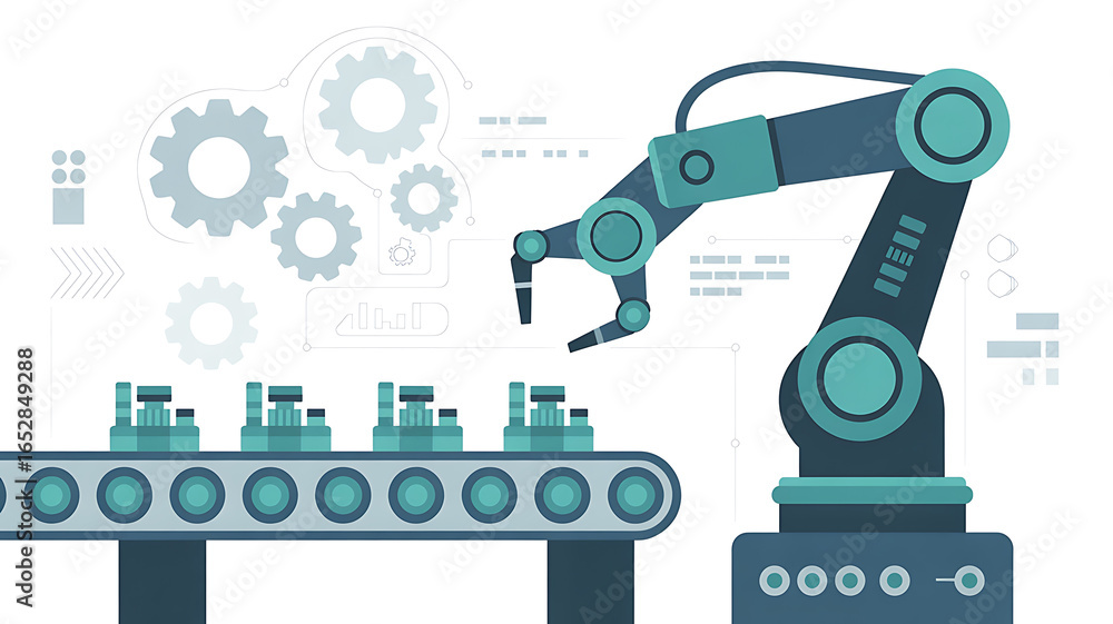 Fototapete automated robotic arm working on a conveyor belt with vials in a modern factory setting representing