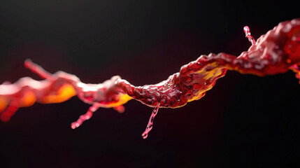 Vibrant, abstract representation of flowing liquid, showcasing rich red hues and dynamic splashes. image captures essence of movement and energy, evoking sense of fluidity and creativity