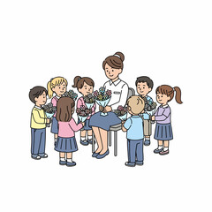 Teacher Receives Flowers from Students Celebrating Appreciation and Gratitude.