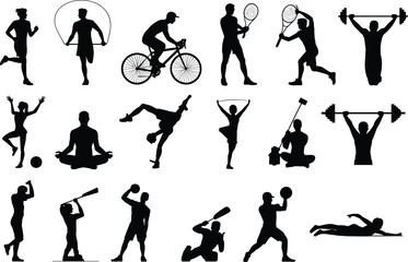 Silhouettes of diverse sports activities including running, cycling, tennis, weightlifting, yoga, baseball, basketball, swimming, martial arts, and fitness exercises, dynamic athletic movements.