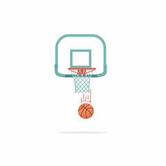 Minimalist flat vector illustration of a basketball scoring a point falling through a teal hoop with a red rim.