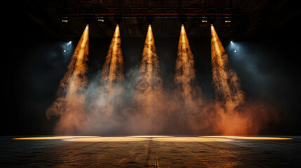 Dramatic stage scene featuring bright spotlights illuminating smoky atmosphere, creating engaging and dynamic environment perfect for performances. interplay of light and shadow enhances mood