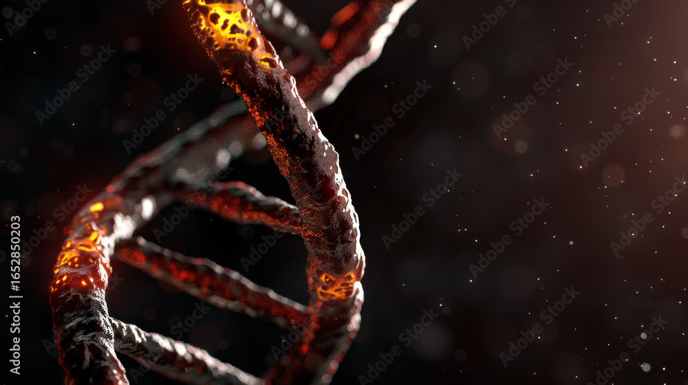 Poster close up view of dna double helix structure, showcasing intricate details and glowing effect. backgr