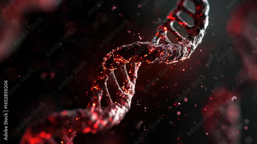 Poster close up view of dna double helix structure, showcasing intricate details and vibrant red color sche
