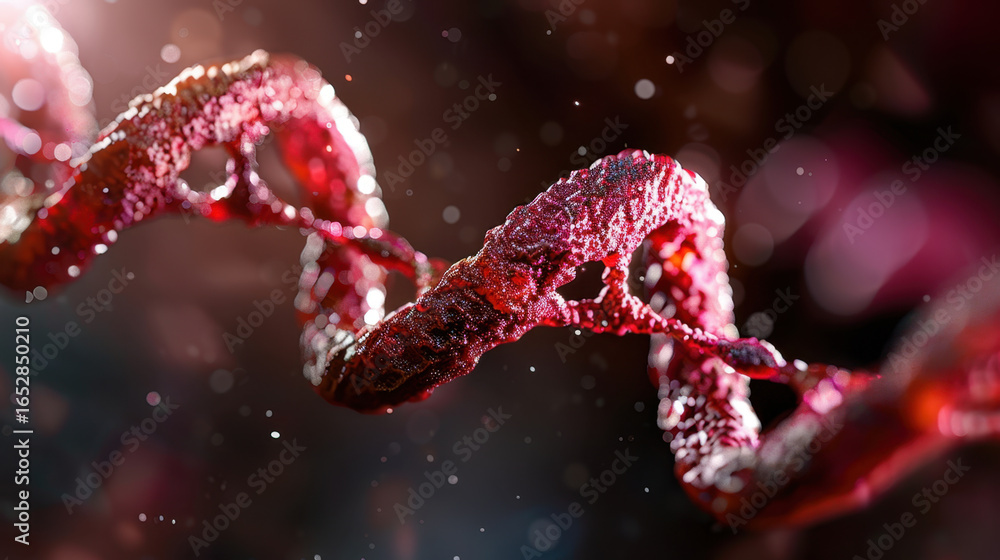 Poster close up view of molecular structure resembling dna, showcasing intricate details and vibrant red co