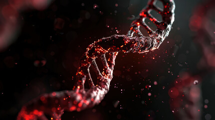 Close up view of DNA double helix structure, showcasing intricate details and vibrant red color scheme. image conveys sense of complexity and life, highlighting beauty of genetic material