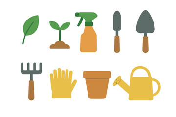 Stylized gardening tools and plants, including a watering can, gloves, trowels, rake, spray bottle, and seedling, presented with a glowing effect against a dark background, perfect for horticultural