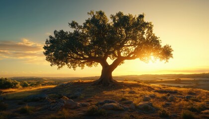 Beautiful Sunset Illuminating An Ancient Cork Oak Tree In The Region Of Alentejo, Portugal, Europe, With Striking Visual Impact.