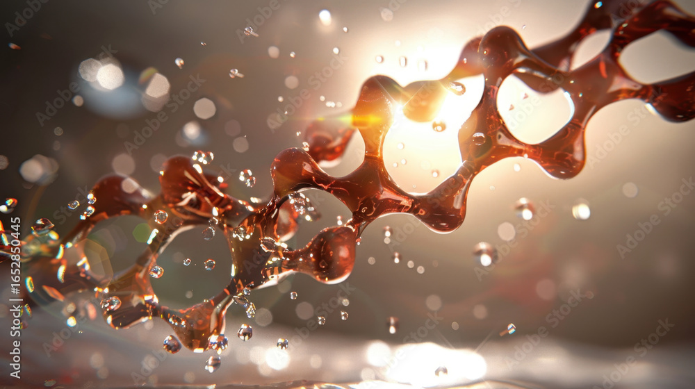 Poster close up view of molecular structure with droplets of water, illuminated by soft light, creating spa